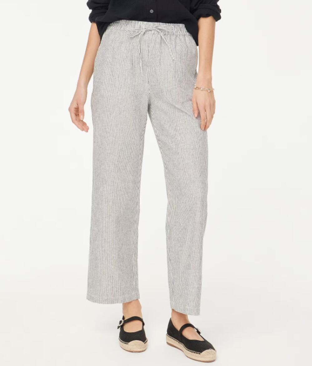 J.Crew Linen Blend Slim Wide Leg Drawstring Pants 14 Black White Striped Relaxed